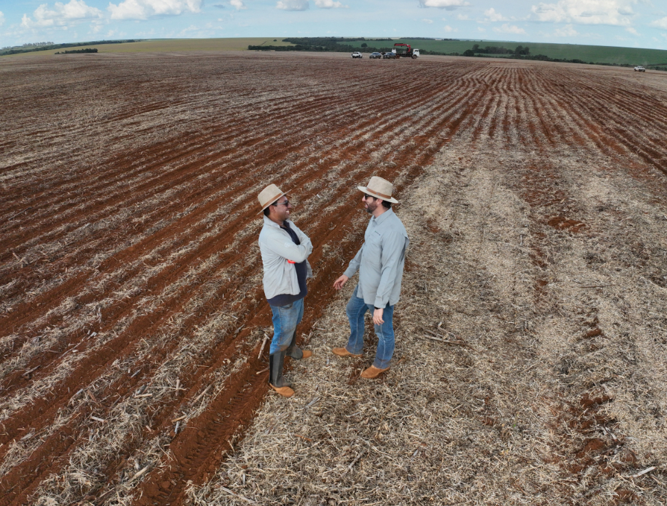 Two men standing in a field